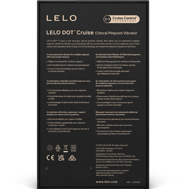 Verso de la boite du DOT Cruise de Lelo detaillant le fonctionnement, vibromasseur clitoridien de precision en silicone a Cruise Control etanche rechargeable a 8 modes
