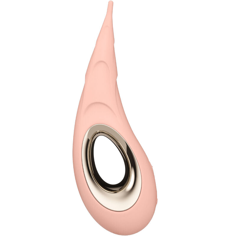 Stimulateur DOT Cruise de Lelo rose poudre vu de face, forme goutte allongee a pointe fine et anneau dore, vibromasseur clitoridien de precision etanche rechargeable a 8 modes