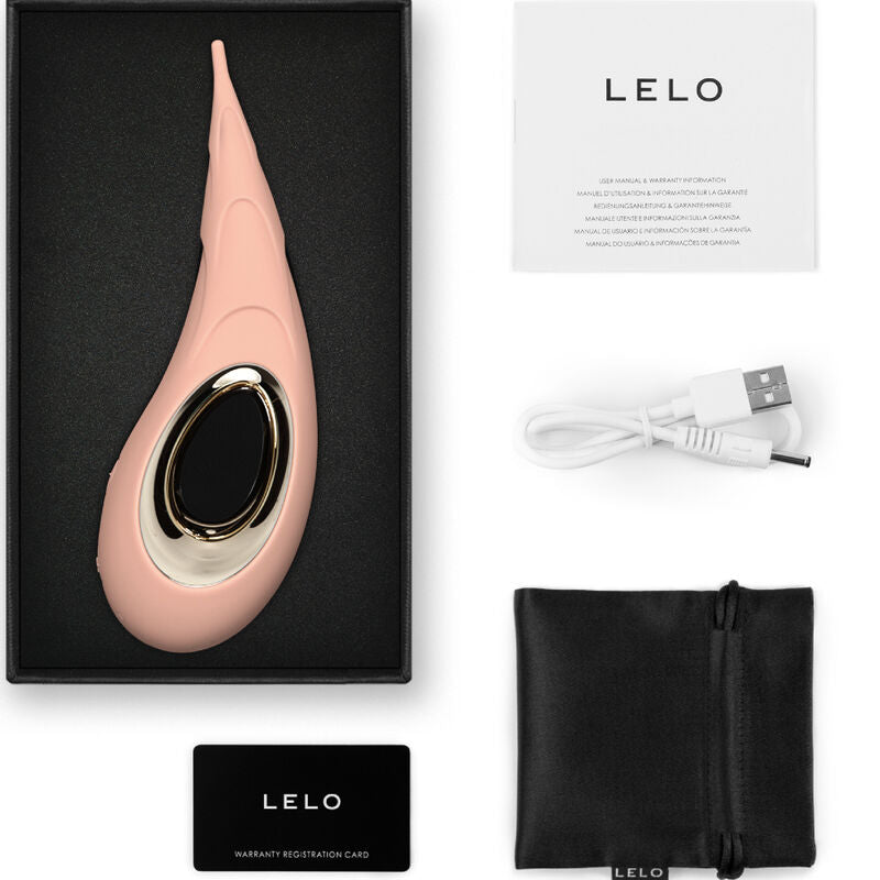 Stimulateur DOT Cruise rose poudre de Lelo dans son ecrin avec notice, cable USB, carte et pochette, vibromasseur clitoridien de precision en silicone etanche a 8 modes