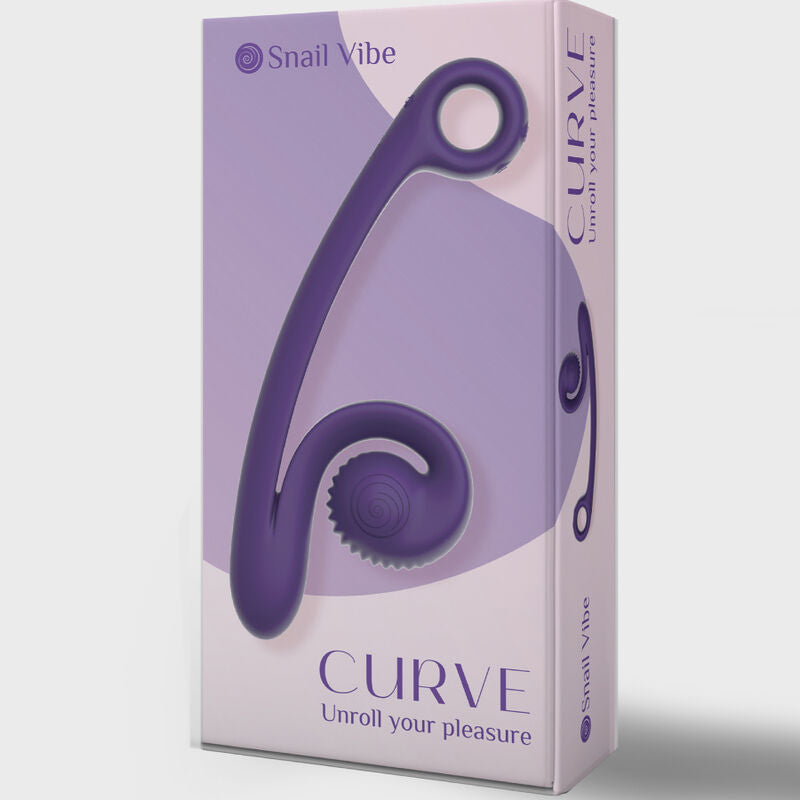 Boite violette Snail Vibe Curve Unroll your pleasure de trois quarts, visuel du vibromasseur spirale, packaging du stimulateur double point G clitoris silicone medical.