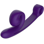 Vibromasseur Snail Vibe Curve violet en silicone medical, vue trois quarts avec coque spiralee et tige courbee, double stimulation point G et clitoris deux moteurs.
