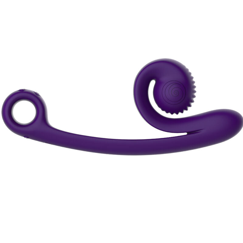 Vibromasseur double Snail Vibe Curve violet vu de profil, tige fine courbee et tete crantee en spirale, silicone medical pour stimuler point G et clitoris ensemble.