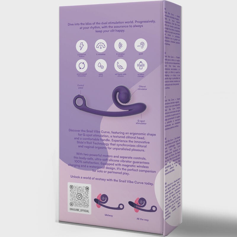 Dos de boite violette Snail Vibe Curve avec pictogrammes fonctions et schema spirale, emballage du vibromasseur double point G et clitoris etanche a deux moteurs.