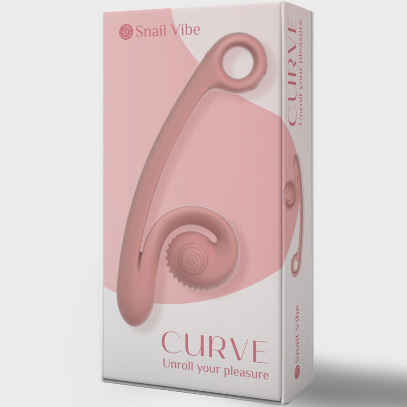 Boite rose poudre Snail Vibe Curve Unroll your pleasure de trois quarts, illustration du vibromasseur spirale, packaging stimulateur double point G clitoris silicone.