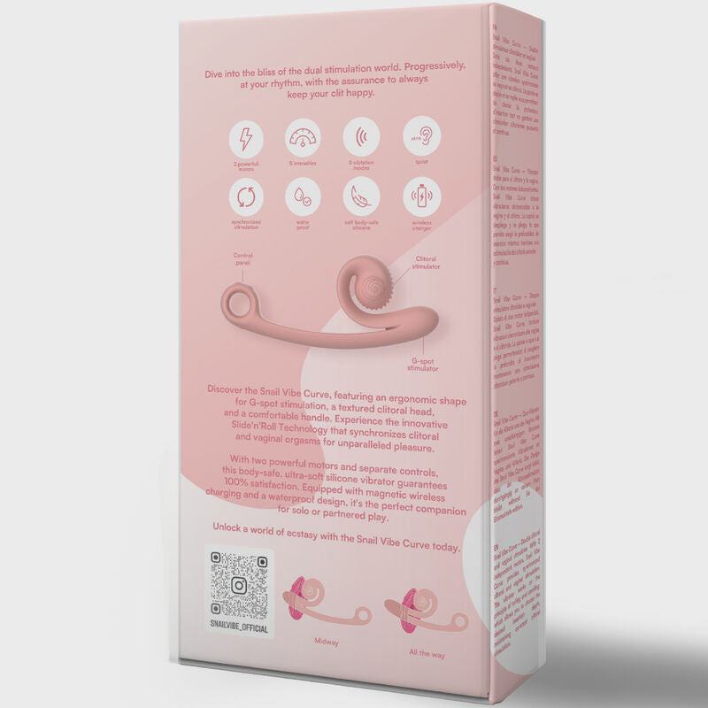 Dos de boite rose poudre Snail Vibe Curve avec pictogrammes des fonctions et schema spirale, emballage du vibromasseur double point G et clitoris etanche.