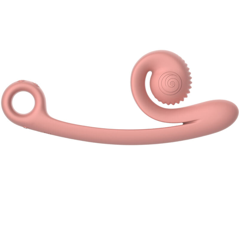 Vibromasseur double Snail Vibe Curve rose poudre vu de profil, tige courbee et tete en spirale enroulee, silicone medical pour stimuler point G et clitoris.