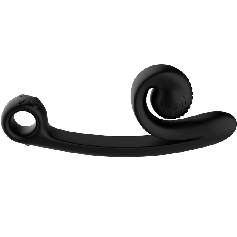 Stimulateur Snail Vibe Curve noir de profil, anneau souple et tete crantee en spirale, vibromasseur double point G et clitoris en silicone medical multi-vitesses.