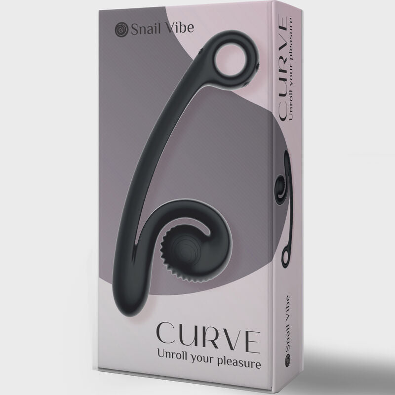 Boite grise Snail Vibe Curve Unroll your pleasure de trois quarts, visuel du vibromasseur noir en spirale, packaging stimulateur double point G clitoris silicone.