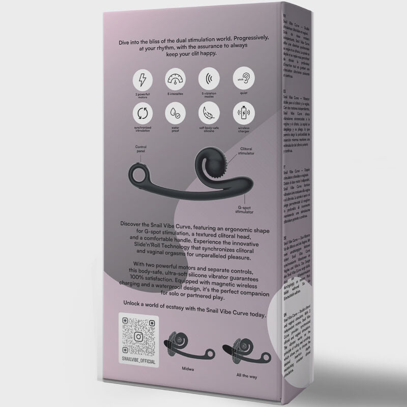 Dos de boite grise Snail Vibe Curve avec pictogrammes fonctions et schema du vibromasseur spirale, emballage stimulateur double point G et clitoris etanche.
