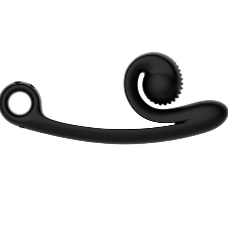 Vibromasseur double Snail Vibe Curve noir vu de profil, tige fine courbee et tete crantee en spirale, silicone medical pour stimuler point G et clitoris ensemble.