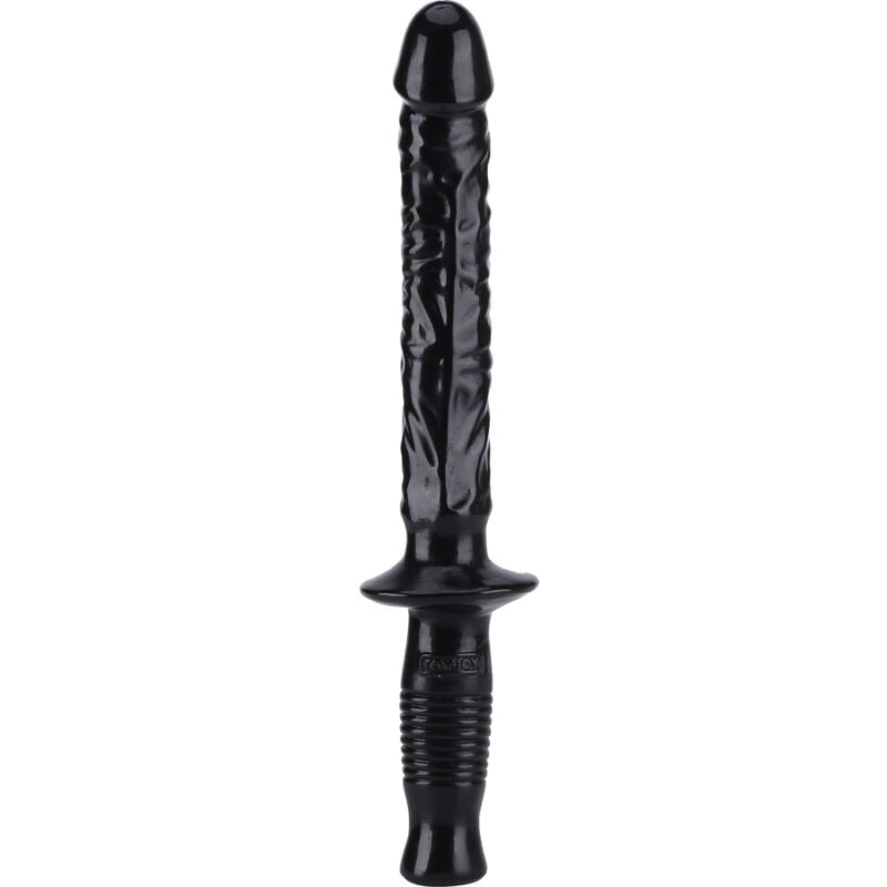 Double gode realiste noir de 38 cm a poignee centrale, vue de face. Tige veinee et gland sculpte en PVC sans phtalates, pensee pour la double penetration a deux.