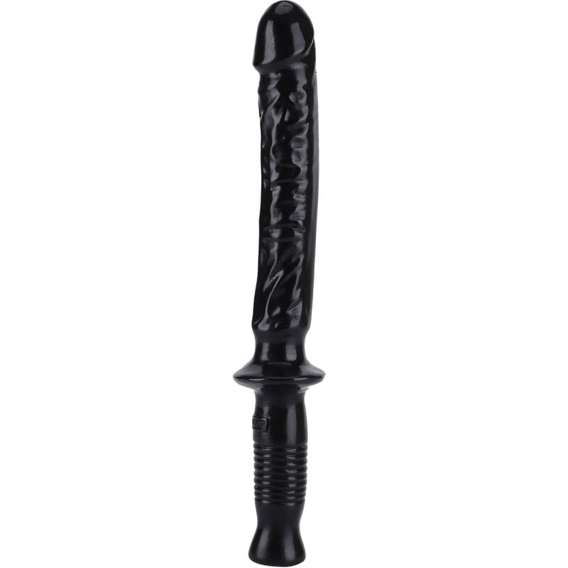Double gode veine noir de 38 cm a poignee centrale, vue de face legerement decalee. Modele realiste en PVC avec gland grave pour le jeu partage ou en solo.