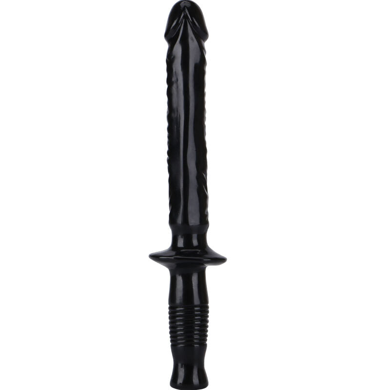 Double gode realiste noir a poignee, vue de face montrant la tige veinee et la tete marquee. Format XXL de 38 cm en PVC pour amateurs de double penetration.