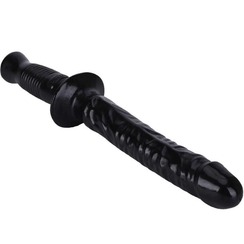 Double gode noir de 38 cm couche en diagonale, poignee au centre entre deux extremites veinees. Modele realiste en PVC avec glands sculptes pour le jeu a deux.