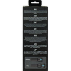 Dos de la boite du masturbateur Feel Kiiroo avec notices multilingues et schema des boutons de controle ; accessoire masculin solo a canal texture, visuel technique.
