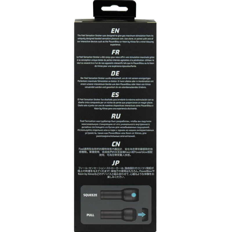 Dos de la boite du masturbateur Feel Kiiroo avec notices multilingues et schema des boutons de controle ; accessoire masculin solo a canal texture, visuel technique.
