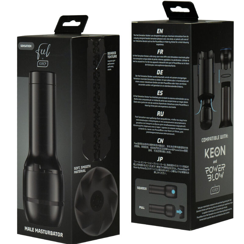 Boites noires du masturbateur Feel Kiiroo montrant l'appareil et un schema de compatibilite KEON PowerBlow ; jouet masculin solo a gaine texturee non anatomique.