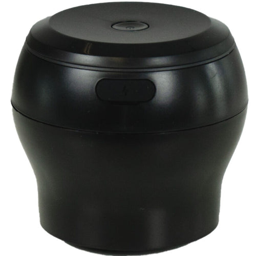 Module d'aspiration Powerblow noir vu de face, coque evasee non realiste a bouton de commande, technologie de succion interactive pilotable par application pour masturbateur compatible.
