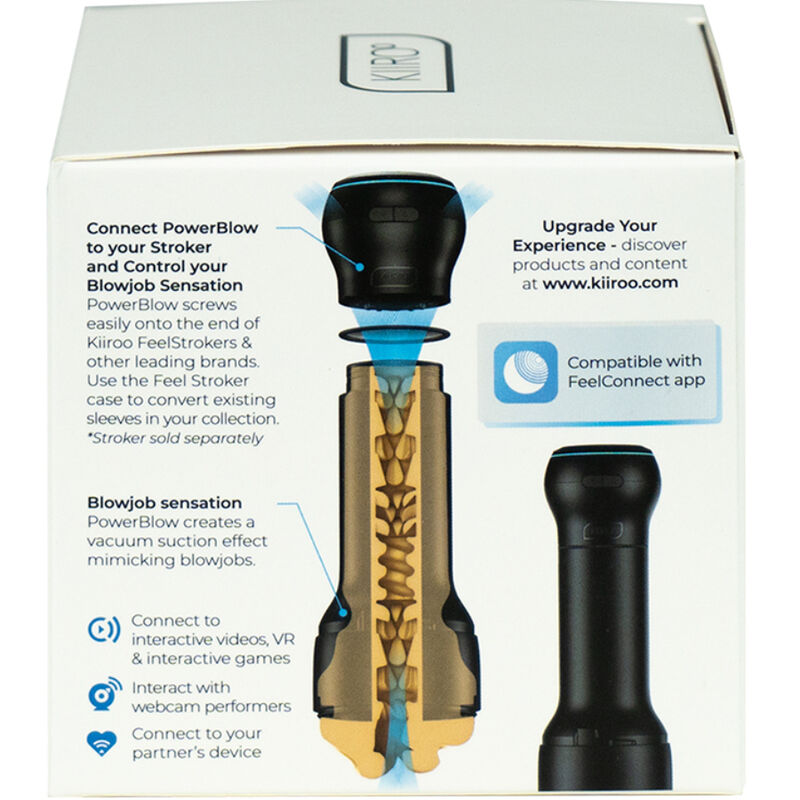 Boite du module d'aspiration PowerBlow Kiiroo avec schema de montage sur stroker, effet succion ; masturbateur masculin compatible FeelConnect et videos interactives.