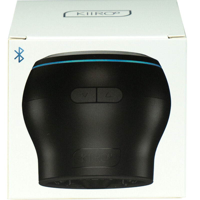 Module d'aspiration Powerblow noir devant sa boite Kiiroo Bluetooth, base evasee a boutons et liseret bleu, technologie de succion interactive pilotable par application.