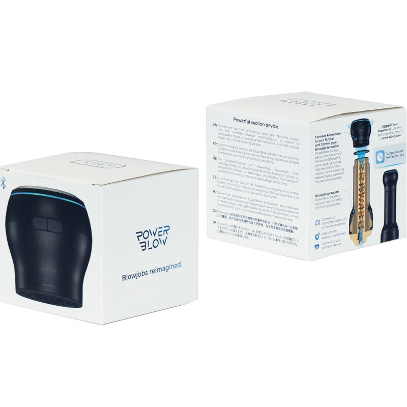 Etui de rechange du module d'aspiration PowerBlow Kiiroo vu de face et boite produit ; accessoire masturbateur masculin recreant un effet de succion par depression.