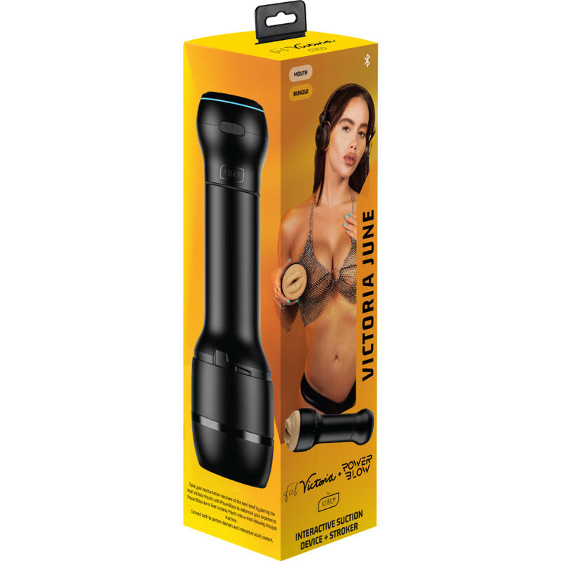 Boite jaune du masturbateur bouche Victoria June Kiiroo avec visuel de l'actrice ; coffret ventouse a depression PowerBlow compatible Keon, gaine fellation moulee texturee.