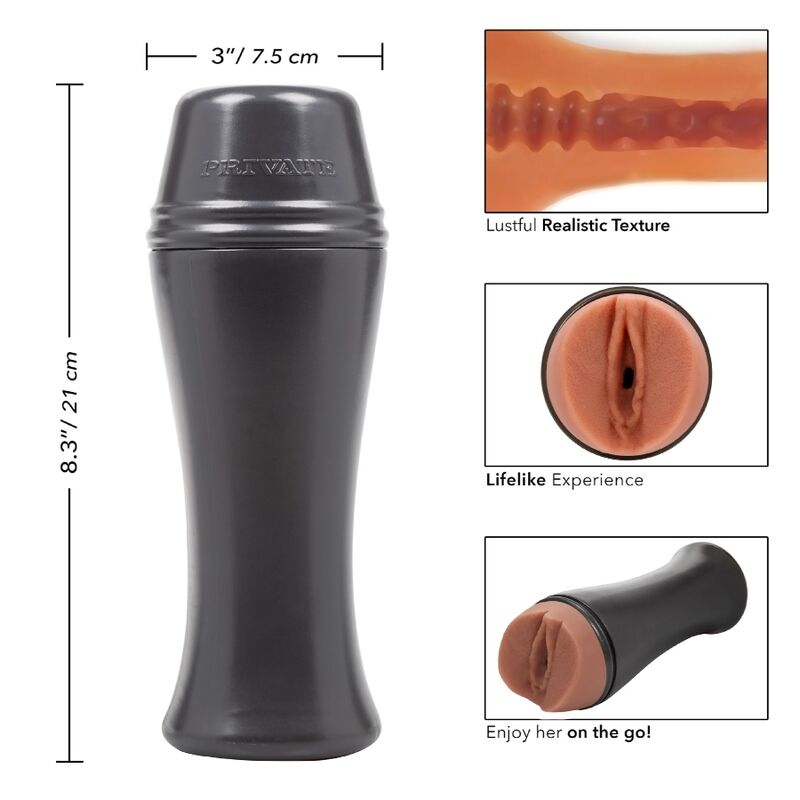 Masturbateur compact Senorita To Go en gobelet noir 21 cm avec encarts texture realiste et vulve ton caramel, vantant l'experience realiste pour le voyage.