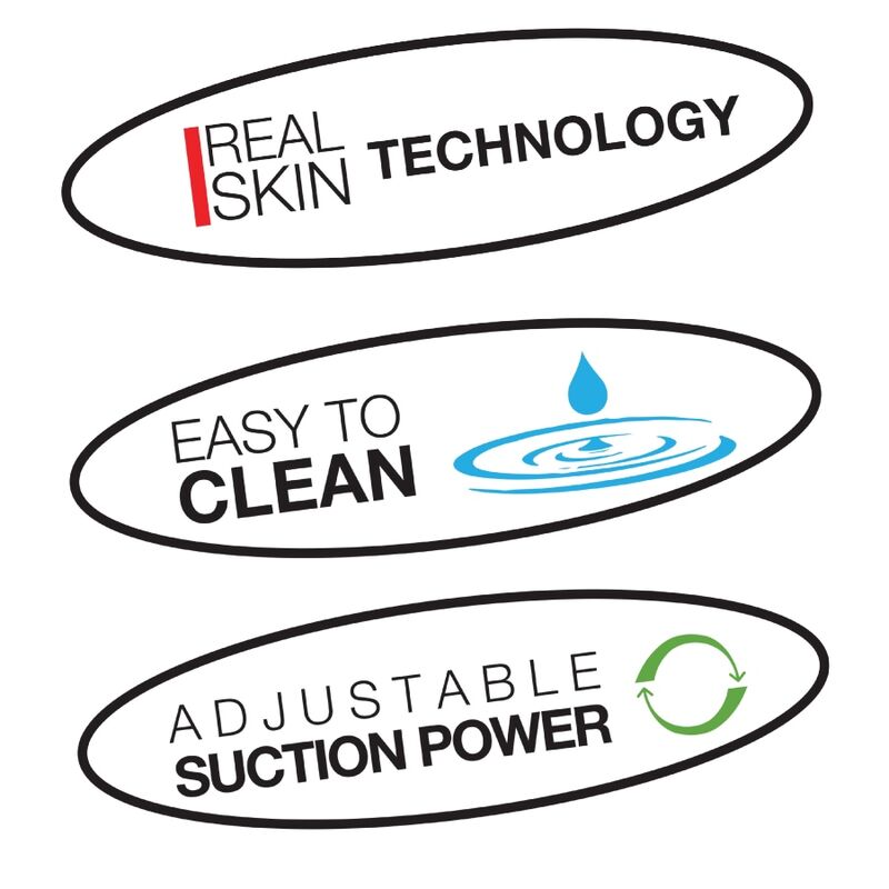 Pictogrammes du masturbateur PRIVATE To Go : technologie Real Skin, nettoyage facile et succion ajustable, presentes en logos ovales sur fond blanc.