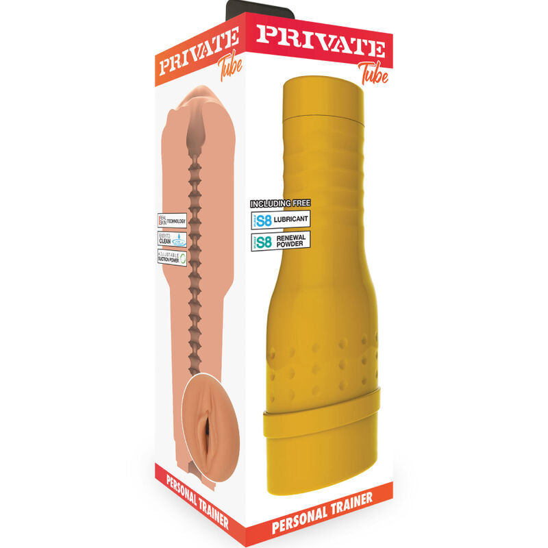 Boite du masturbateur PRIVATE Personal Trainer presentant l'orifice realiste couleur peau et le corps dore, mentions lubrifiant et succion ajustable.