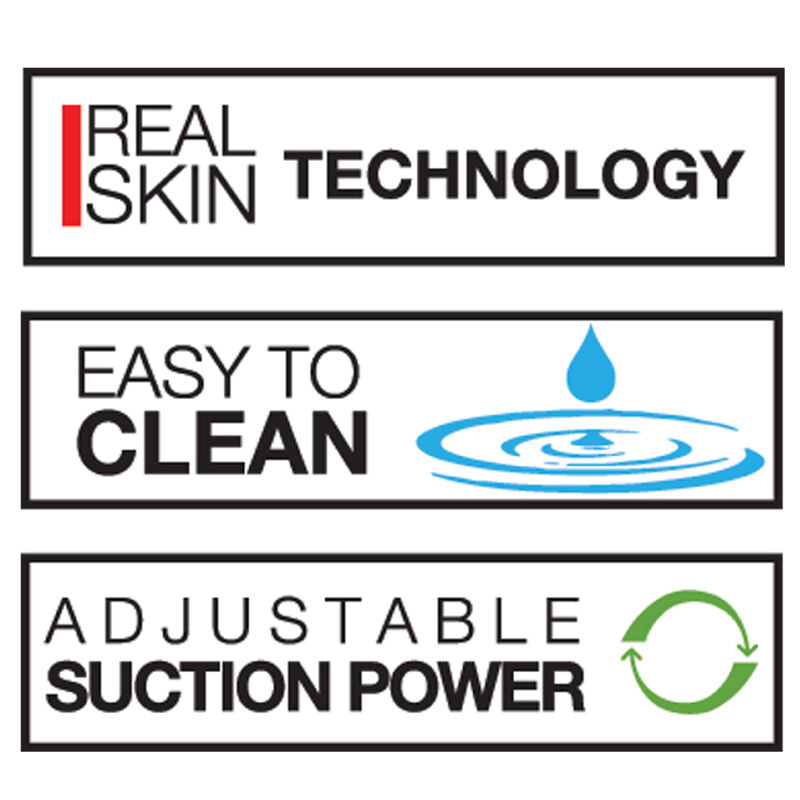 Pictogrammes PRIVATE Real Skin Technology, nettoyage facile et succion ajustable resumant les atouts techniques du masturbateur Personal Trainer.