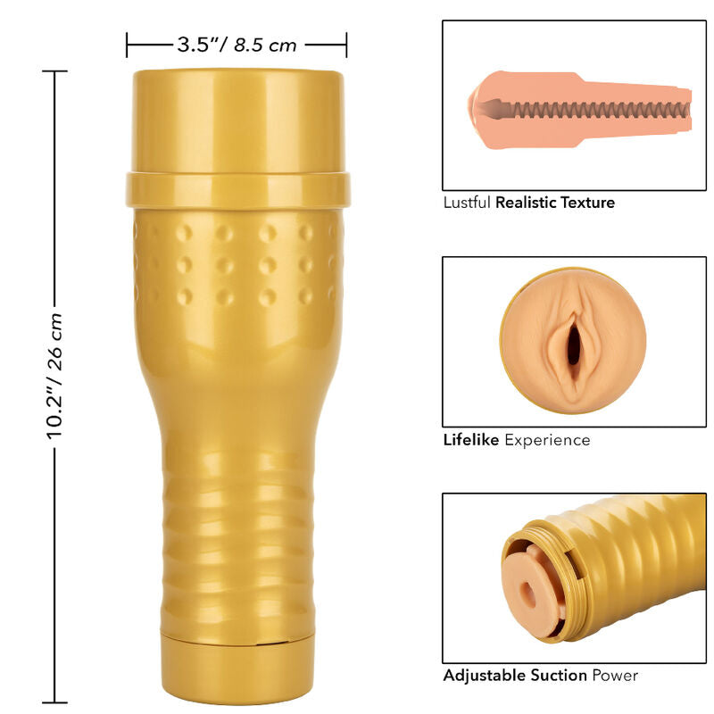 Masturbateur PRIVATE de 26 cm en etui dore avec encarts montrant la texture realiste, l'orifice vaginal moule et la succion ajustable du Personal Trainer.