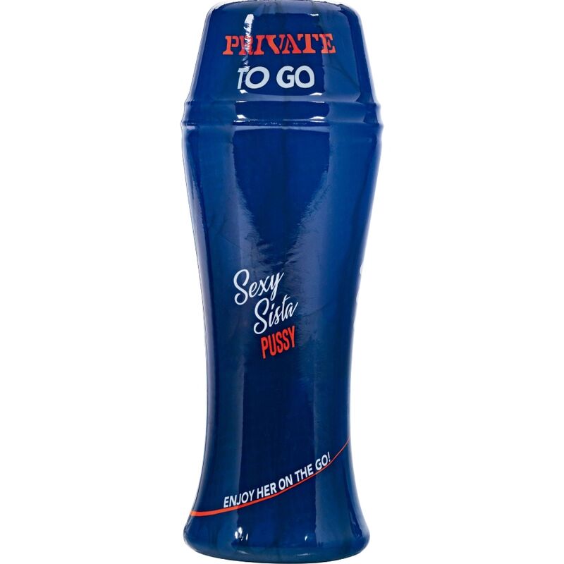 Gobelet de voyage bleu du Sexy Sista Pussy To Go ferme, contenant brillant marque PRIVATE et enjoy her on the go, sans element anatomique visible.