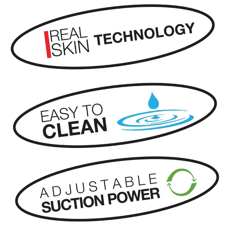Pictogrammes du masturbateur PRIVATE To Go : technologie Real Skin, nettoyage facile et succion ajustable, presentes en logos ovales sur fond blanc.