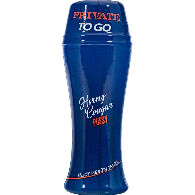 Gobelet de voyage bleu du Horny Cougar Pussy To Go ferme, contenant brillant marque PRIVATE et enjoy her on the go, sans element anatomique visible.