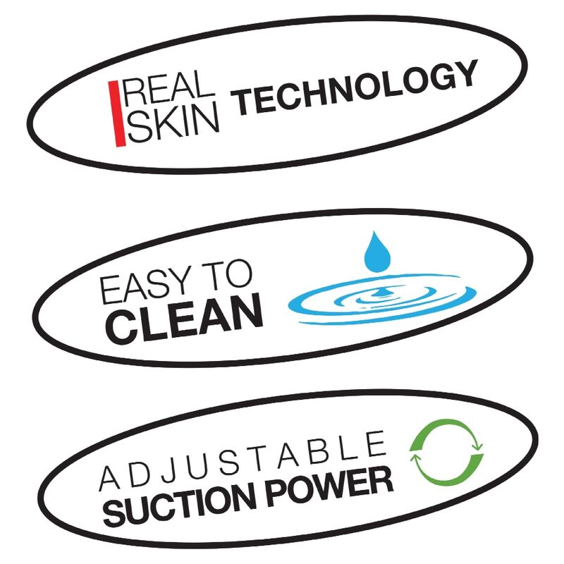 Pictogrammes du masturbateur PRIVATE To Go : technologie Real Skin, nettoyage facile et succion ajustable, presentes en logos ovales sur fond blanc.