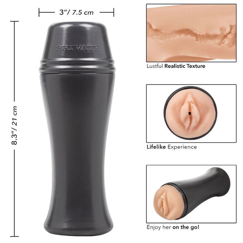 Masturbateur compact Horny Cougar To Go en gobelet noir 21 cm avec encarts texture realiste et vulve couleur peau, vantant l'experience realiste nomade.