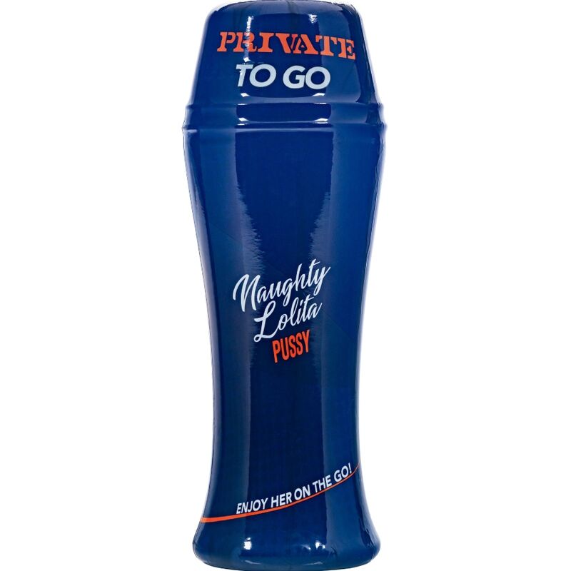 Gobelet de voyage bleu du Naughty Lolita Pussy To Go ferme, contenant brillant marque PRIVATE et enjoy her on the go, sans element anatomique visible.