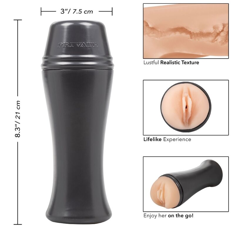 Masturbateur compact a emporter en gobelet noir 21 cm avec encarts texture realiste et vulve couleur peau, vantant l'experience realiste pour le voyage.