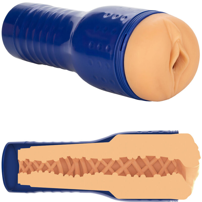 Masturbateur PRIVATE Terra White en etui bleu, orifice realiste couleur peau et vue en coupe du canal interne texture serree pour la stimulation.