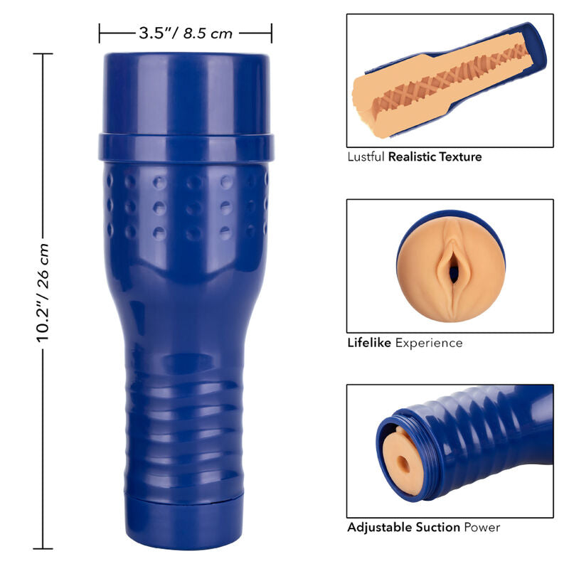 Masturbateur PRIVATE de 26 cm en etui bleu avec encarts detaillant la texture realiste, l'orifice vaginal moule couleur peau et la succion ajustable.