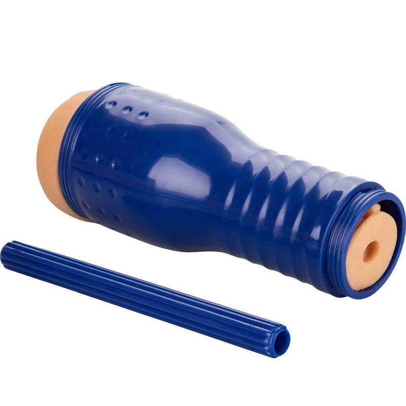 Masturbateur Jayla de Angelis vu de cote avec tige de nettoyage bleue, orifice realiste couleur peau a l'entree du tube texture de la marque PRIVATE.