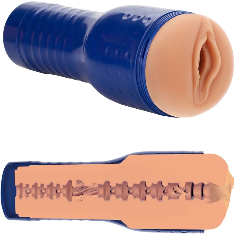 Masturbateur Jayla de Angelis vulve realiste couleur peau en etui bleu, avec coupe transversale devoilant le canal interne nervure pour stimulation intense.