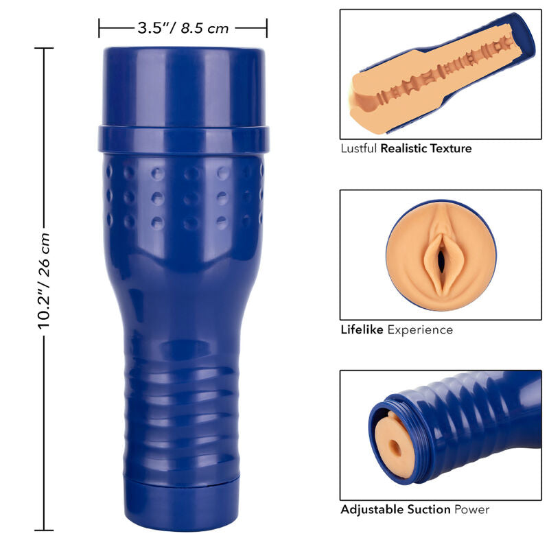 Masturbateur PRIVATE Shona River de 26 cm en etui bleu avec encarts detaillant la texture realiste, l'orifice vaginal moule et la succion ajustable.