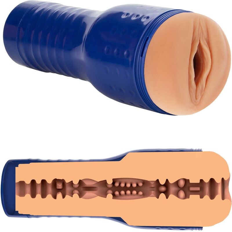 Masturbateur PRIVATE vulve realiste couleur peau en etui bleu, accompagne d'une coupe transversale revelant le canal interne nervure pour une stimulation enveloppante.