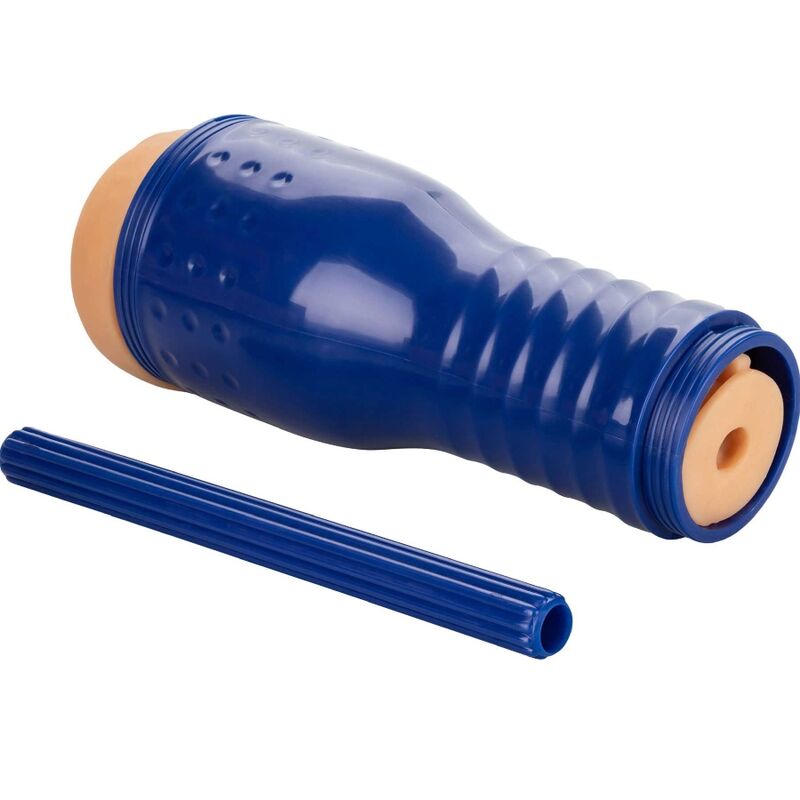 Masturbateur PRIVATE en etui bleu vu de cote avec tige de nettoyage, orifice couleur peau realiste a l'entree du tube texture pour usage en solo confortable.
