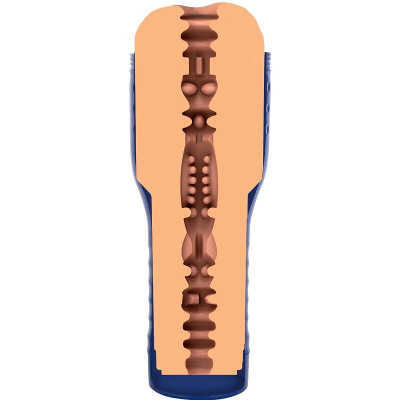 Vue en coupe du masturbateur PRIVATE montrant le tunnel interne tres nervure et l'orifice realiste couleur peau, illustrant la texture pour une stimulation marquee.