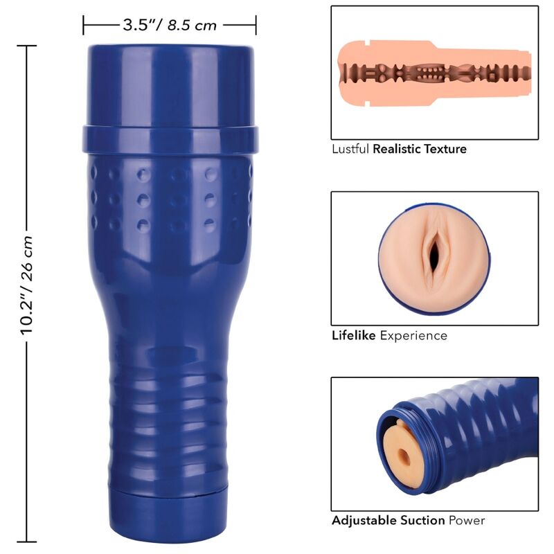 Masturbateur PRIVATE en tube bleu 26 cm avec encarts texture realiste, vulve couleur peau et succion reglable mettant en avant l'experience realiste du produit.