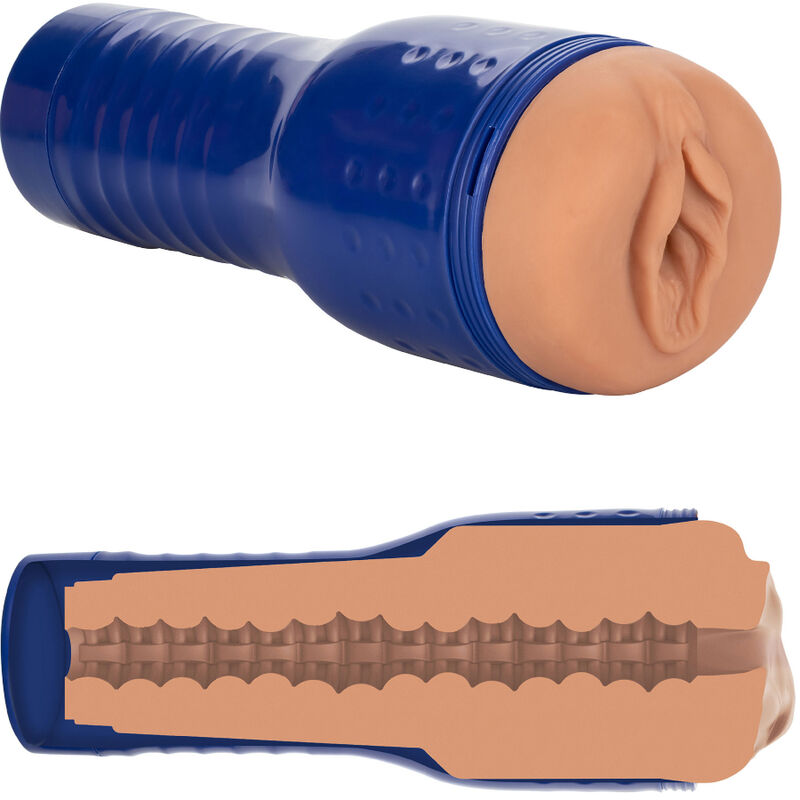 Masturbateur PRIVATE Alexa Tomas en etui bleu, orifice realiste couleur caramel et vue en coupe du canal interne a texture serree detaillee.