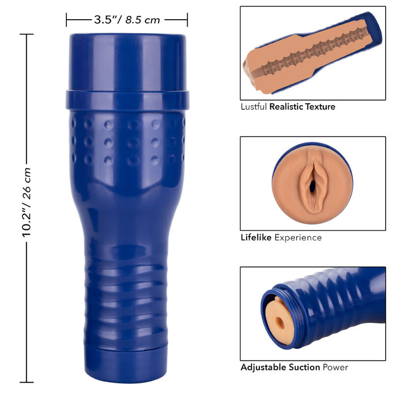 Masturbateur PRIVATE Alexa Tomas de 26 cm en etui bleu avec encarts detaillant la texture realiste, l'orifice vaginal moule et la succion ajustable.