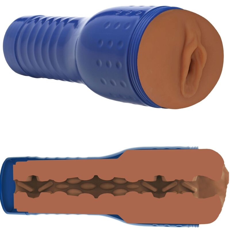 Masturbateur PRIVATE Romy Indy en etui bleu, orifice realiste couleur caramel et vue en coupe du canal interne a texture fidele, tige de succion incluse.